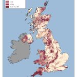 An outline map of the UK showing pale yellow to dark red areas. The pale yellow represents the lowest risk of radon and is concentrated mostly in south-east England, southern Scotland, the north-west Highlands and north-west Northern Ireland. The darkest red areas indicate the highest risk and include Cornwall, south-east Kent, the Derbyshire Peak District, parts of south-east Scotland and Orkney.