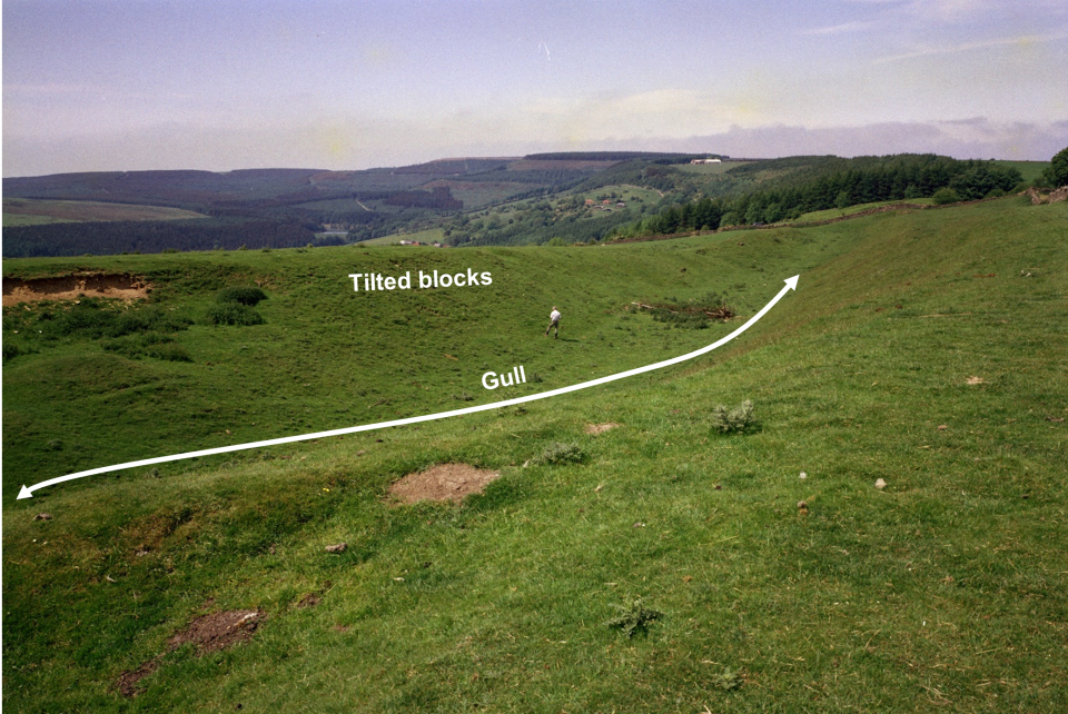Annotated view of cambering features at Sneck Yate. BGS © UKRI - BGS image P223262 - Source: BGS Geoscience Imagebase