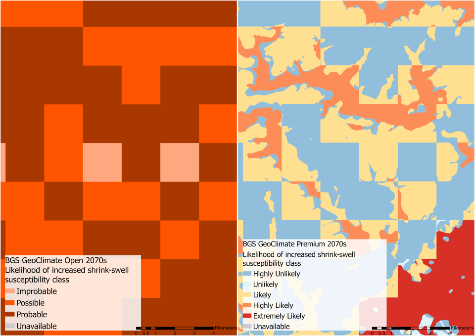 Two maps shwoing the difference in resolution between BGS GeoClimate Open and BGS GeoClimate Premium. The open verion on the left has squares of pink, red and burgundy while the Premium version on the right shows a recognisable map with features picked out in blue, yellow, orange and red. The colours are indicative of subsidence risk.