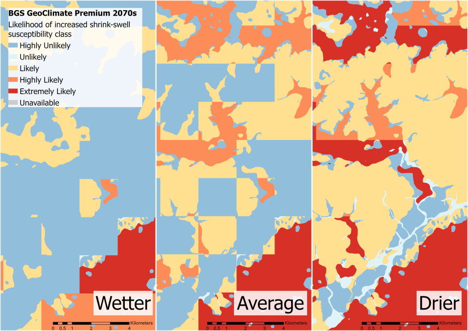 Three maps labelled Wetter, Average and Dried, consisting of blobs on blue, yellow, orange and red to indicate subsidence risk