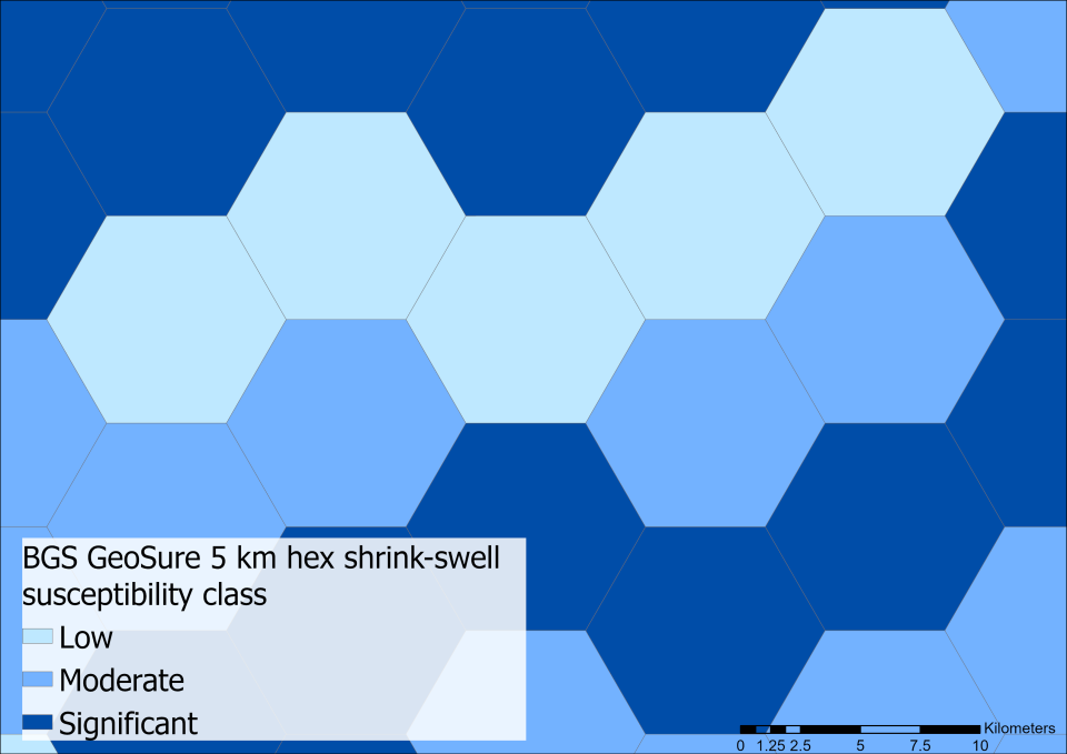 A map of hexagons in various shades of blue indicating shrink-swell risk.