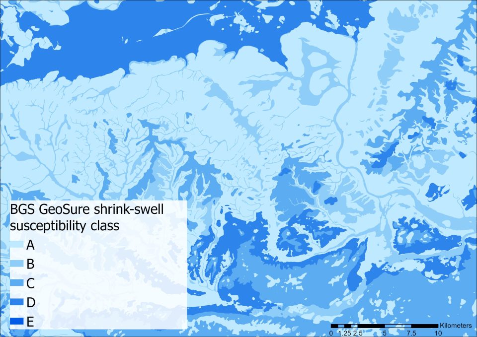 A map in shades of blue that represent shrink-swell risk