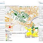 A map showing individual properties coloured red, orange, yellow or green according to their risk level