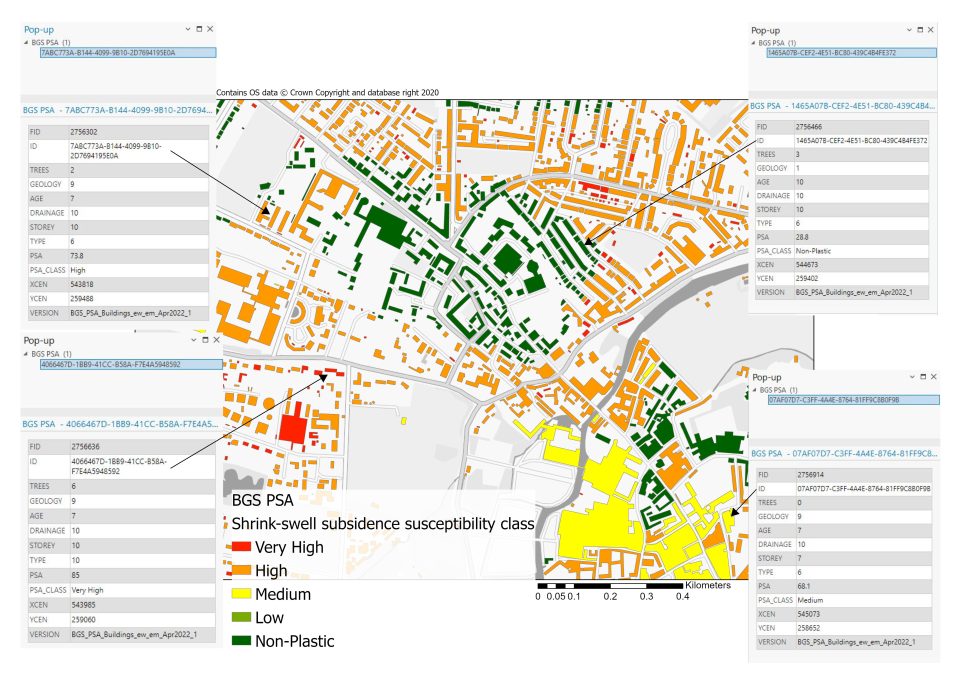 A map showing individual properties coloured red, orange, yellow or green according to their risk level