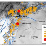 A map of the southern Turkey/northern Syria area showing fault lines in blue and the epicentres of the two major earthquakes of 6 February 2023 as red circles and many aftershocks as yellow circles.