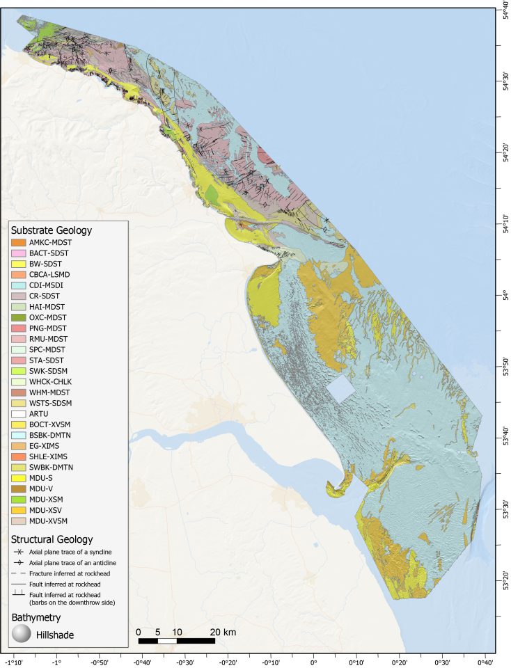 A map showing the geology and geological structures of offshore Yorkshire.