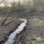 A stream running through a field that disappears into the ground in the distance.