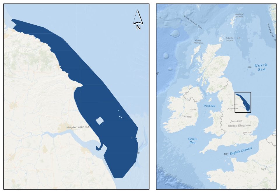 Coverage of BGS Seabed Geology 10k: Offshore Yorkshire map shown in dark blue. Copyright © Esri. All rights reserved.