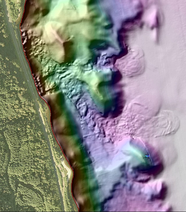 The track of a more recent underwater landslide can be seen using multibeam imagery of the loch bed. BGS © UKRI