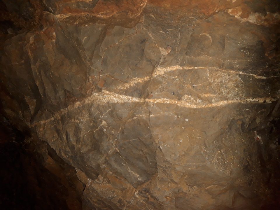 White veins of quartz running through grey limestone rock.