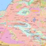 Map of Somerset showing red and pink for mudstones and blue for limestones