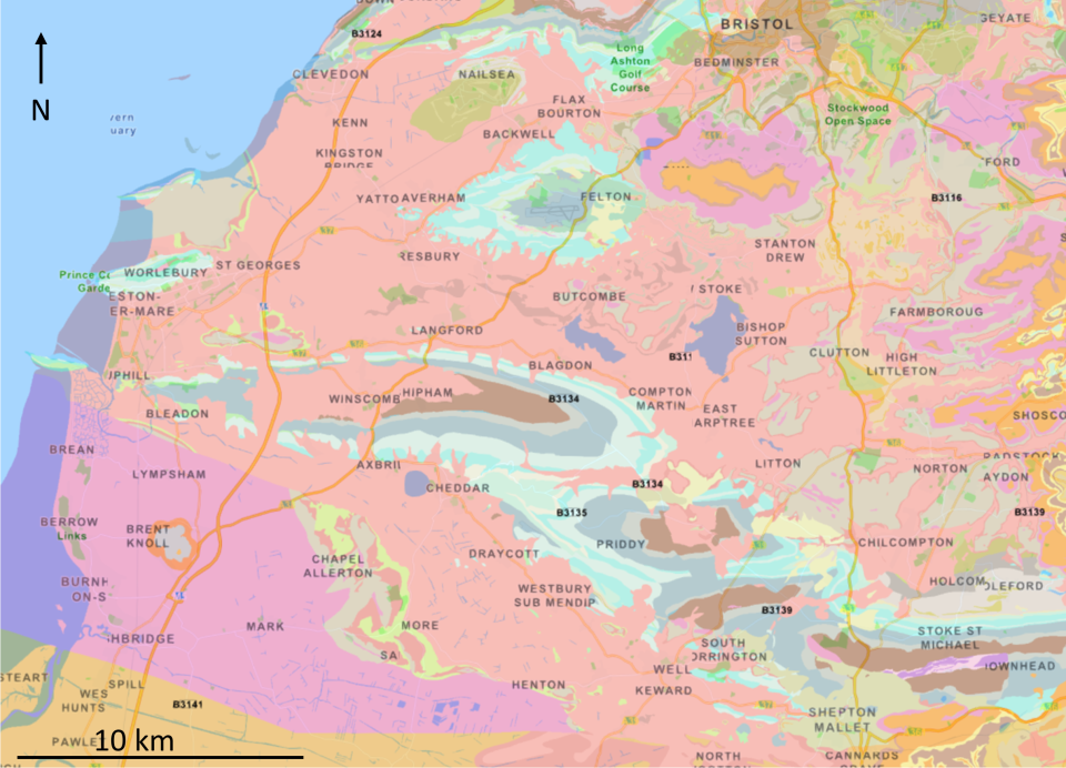 Map of Somerset showing red and pink for mudstones and blue for limestones