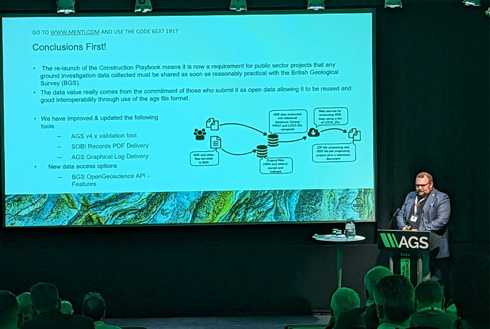 BGS' Edd Lewis, presenting BGS' new API release at the ASGS Geotech conference, April 2023. Photo: Ricky Terrington BGS