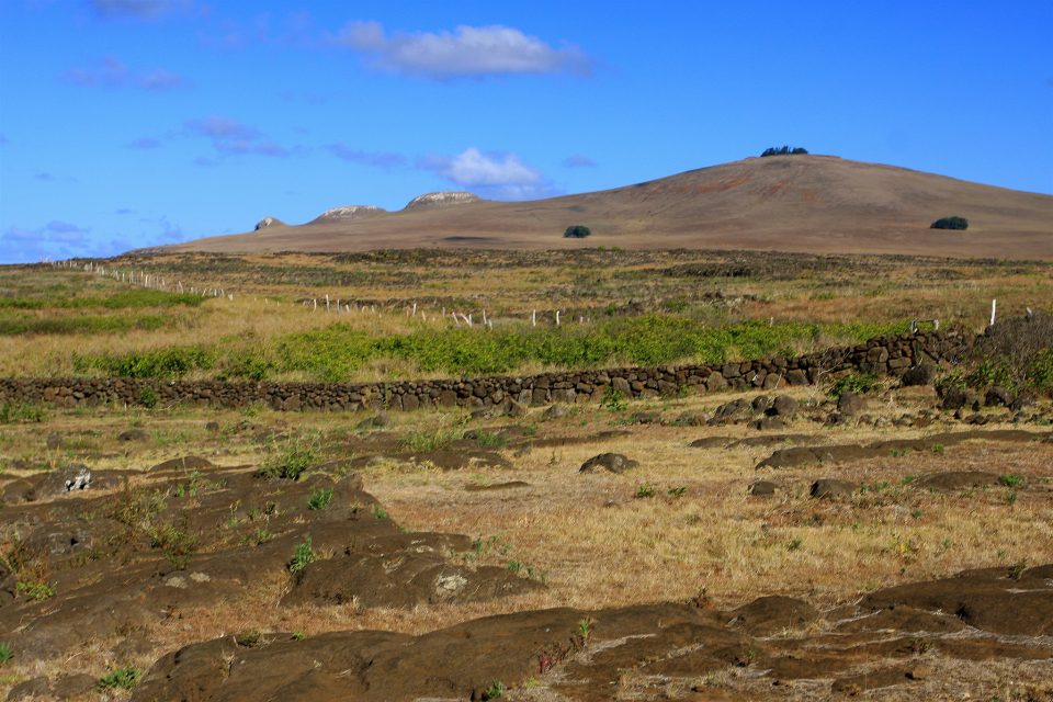 The slope of an extinct volcano with three cinder cones on its flank