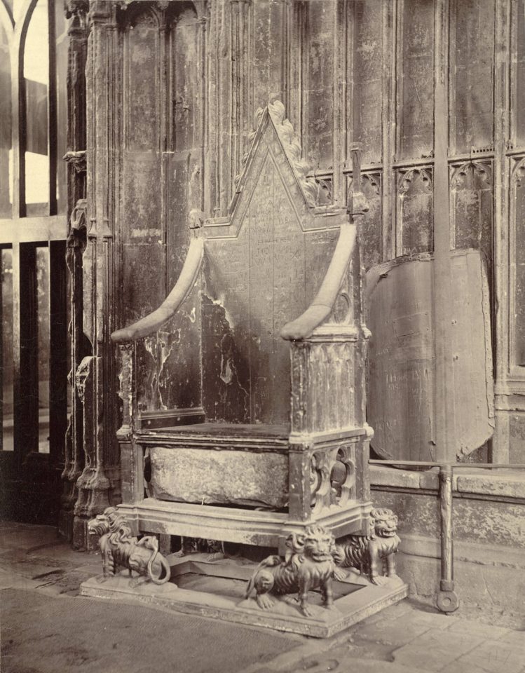 The Coronation Chair with the Stone of Scone installed beneath the seat. © Cornell University Library.