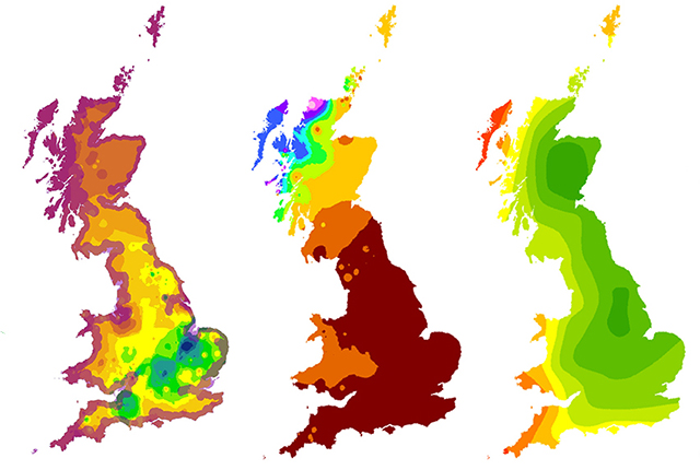 Biosphere Isotope Domains GB (Version 2) showing (from left to right) strontium, sulphur, lead, oxygen (drinking water) and oxygen (human tooth enamel) domains. BGS © UKRI – Contains OS data © Crown copyright 2023.