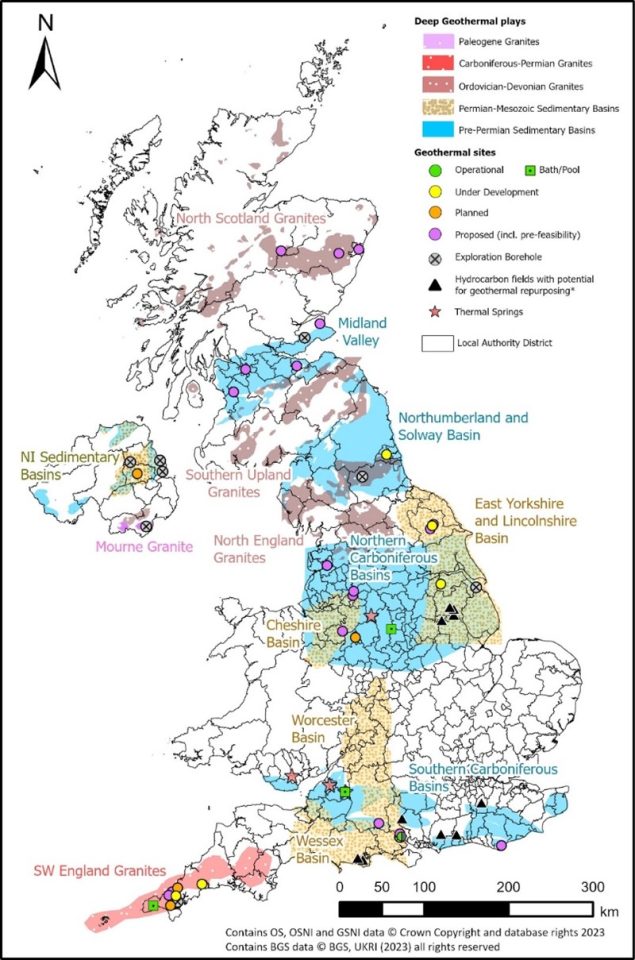 a map showing the location of deep sedimentary basins and hot granites across the UK and different sorts of geothermal developments sites