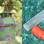 A camouflaged pheromone lure trap (left) and rubber bung and plastic vial lures impregnated with the pheromones (right). © BGS / UKRI