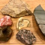 Fragments of rocks found around Rutland Water, the oolitic limestone is at the top, a green-grey stripy volcanic rock is to the right, then chert (white), quartz (red), ironstone (brown) and granite (grey, white, black, pink). Source: BGS © UKRI