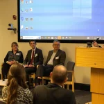 The panel discussion at the CMIC conference. Left to right: Emma Schofield, Karen Hanghøj, Matt Hatfield, Simon Thompson and Michelle Bentham. BGS © UKRI.