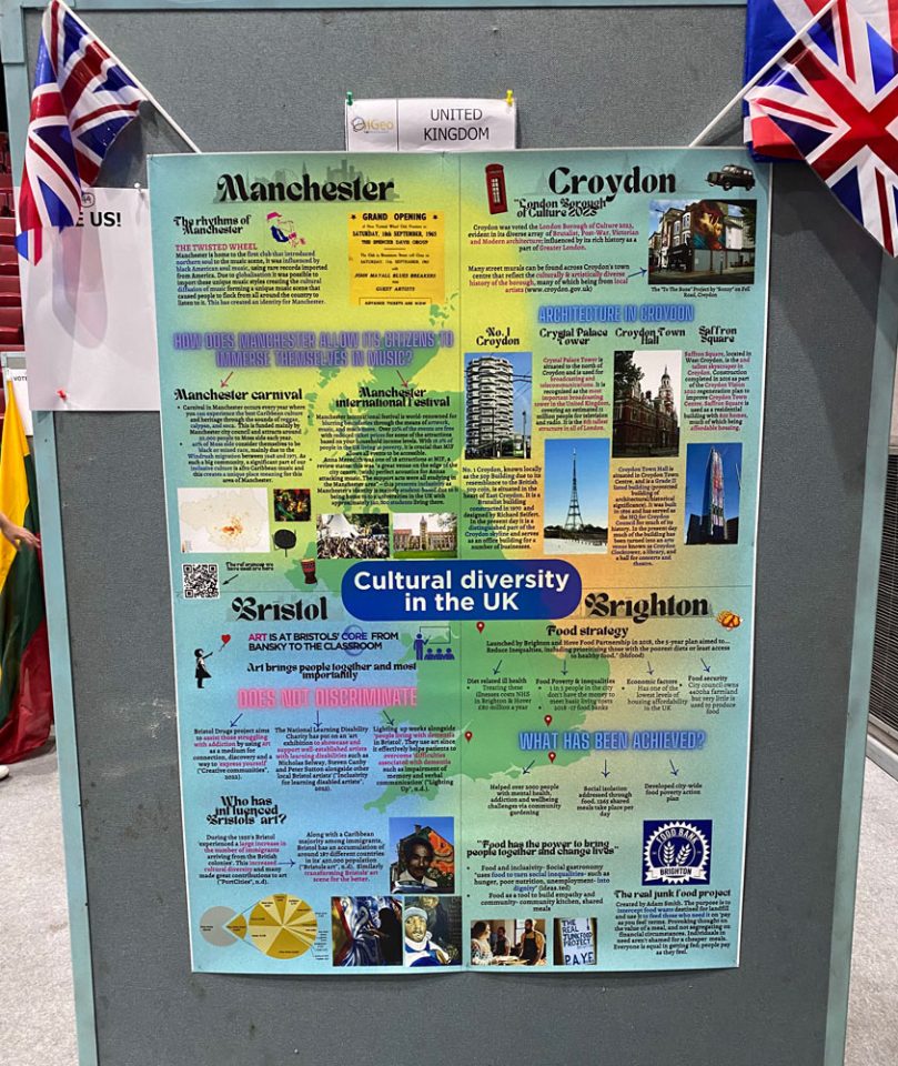 Team UK’s poster on the cultural diversity of Manchester, Croydon, Bristol and Brighton.