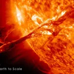 A coronal mass ejection erupting into space on 31 August 2012. An image of Earth is superimposed to show the size of the coronal mass ejection compared to the size of the Earth. © NASA/GSFC/SDO. 