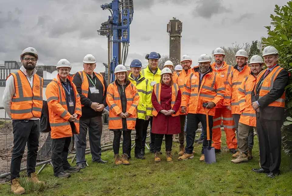 Breaking ground ceremony. L to R: Sami Massum (BGS), David Boon (BGS), Councillor Rob Inglis, Michelle Bentham, (BGS), Mark Thorpe (Pick Everard), Ross Goodband (Pick Everard), Ruth Edwards MP, Daniel Crow (BGS), Gershwyn Soanes (BGS), Andrew McConnochie (BGS), Mike Potter (NERC), James Howell (NERC) and Edward Leddy-Owen. BGS © UKRI.