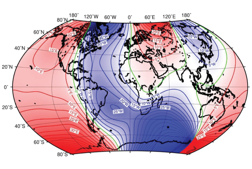 IGRF-13 map of declination angle (in degrees east or west of true north) for 2020. © UKRI