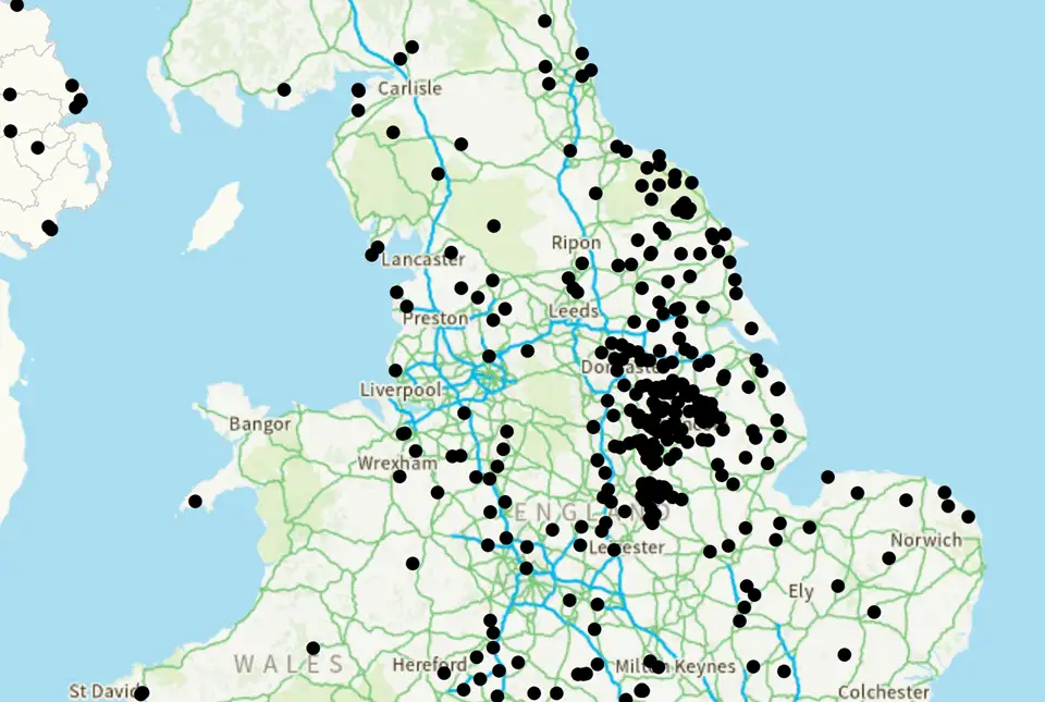 Distribution of sites in the first digital release of the legacy geothermal catalogue. BGS © UKRI.