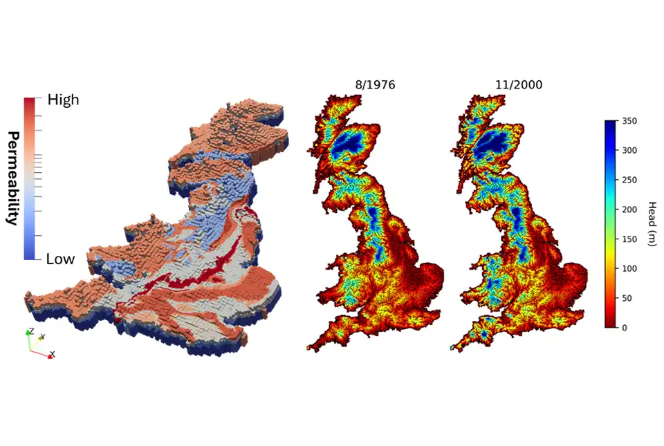Hydrological parameterisation (left) and simulated groundwater heads (right). BGS © UKRI.