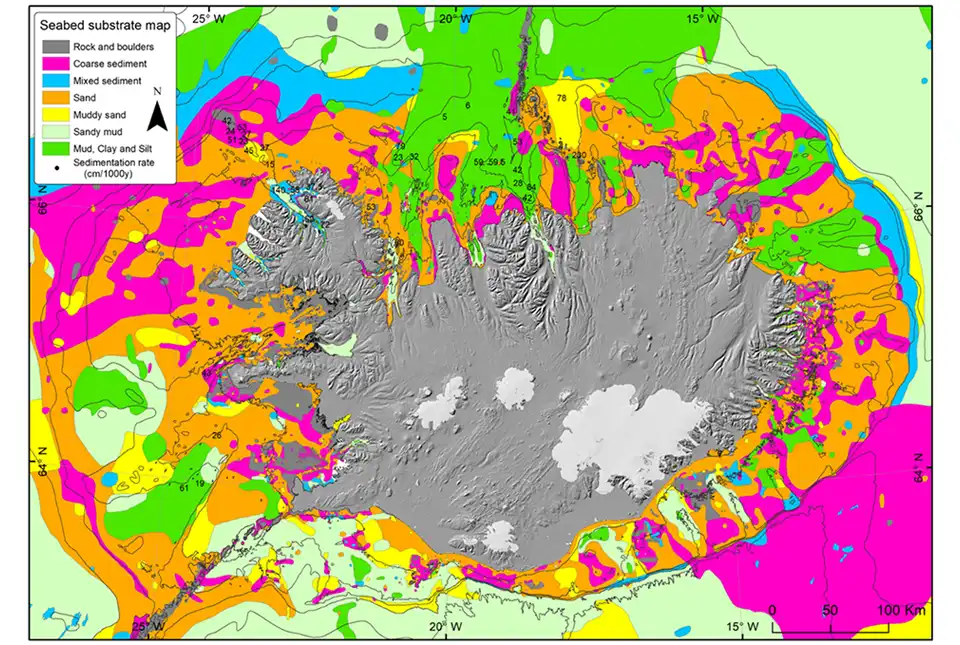 The Seabed substrate map of Iceland’s marine areas has been compiled for the country´s first comprehensive seabed substrate data set and based on the available data points (>3000) of seafloor samples (unpublished data by the Marine and Freshwater Research Institute of Iceland; Thors, 1978; Erlendsson et al., 2015, 2023). © Iceland GeoSurvey.