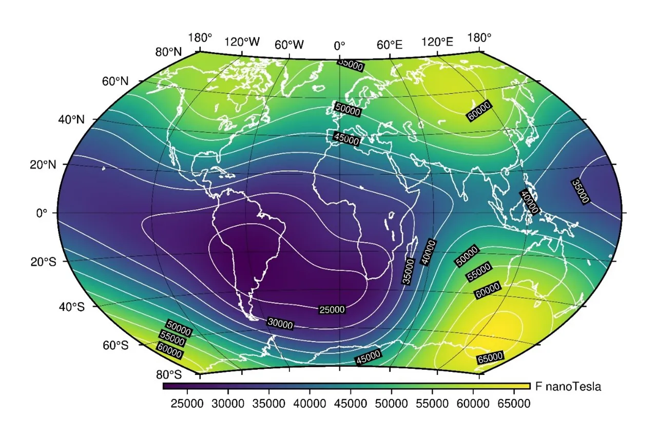 Map of the intensity of the Earth’s magnetic field at the surface in January 2025 in units of magnetic field strength called nanoTesla. A new weak point is emerging in the south Atlantic offshore South Africa. BGS © UKRI.