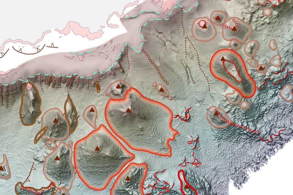 Section of the BGS 1:50 000 Geomorphology map of the seabed around Ascension Island. BGS © UKRI. © Crown Copyright and/or database rights. Reproduced by permission of The Keeper of Public Records and the UK Hydrographic Office