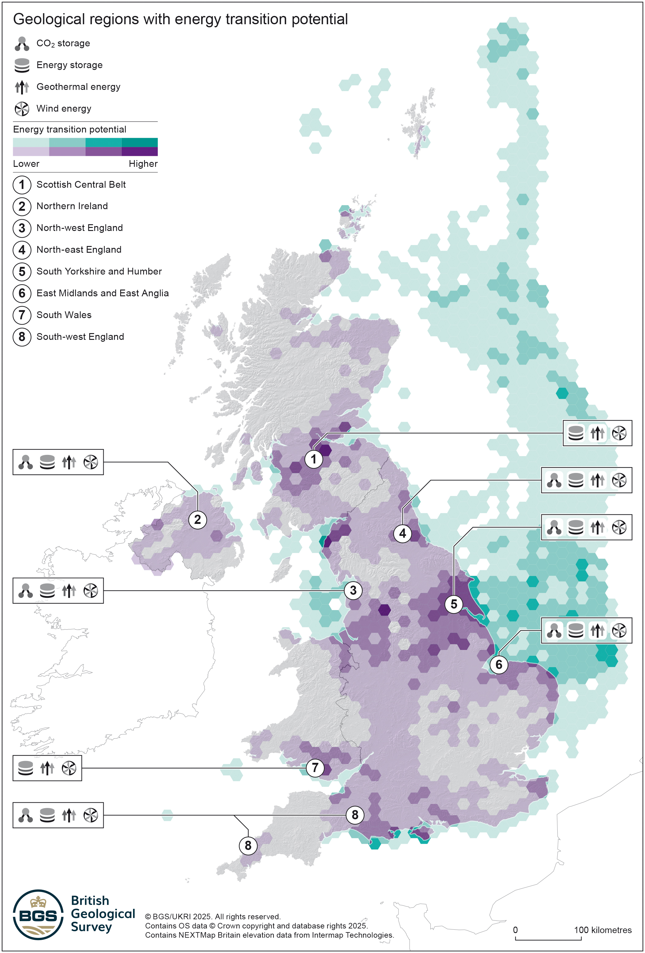 A map of the UK with purple and green hexagons representing the energy transition potential for different renewable energy of energy storage types across the country