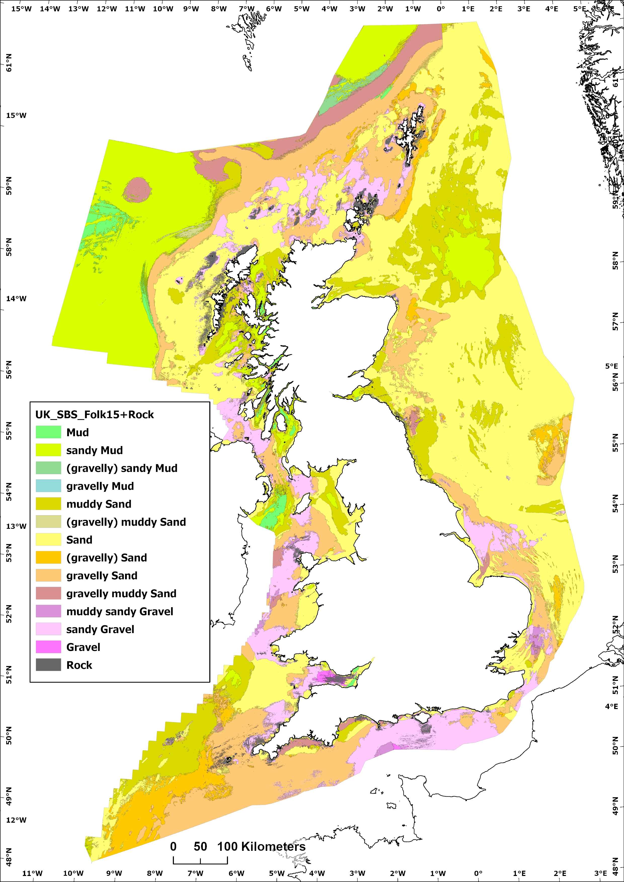 Predictive SBS map product: Mostly likely sediment class according to Folk15 classification + rock. BGS © UKRI 2025