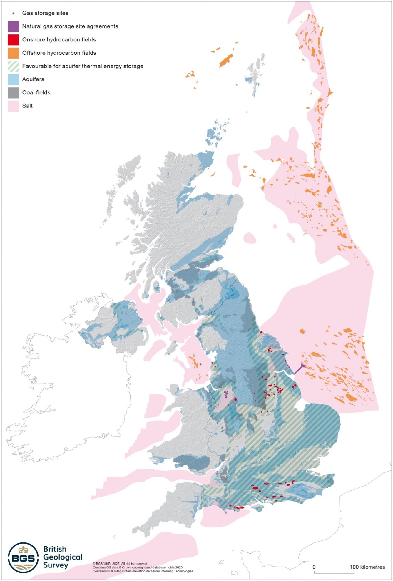Map of the UK and offshore showing the distribution of geological units with the potential to store energy