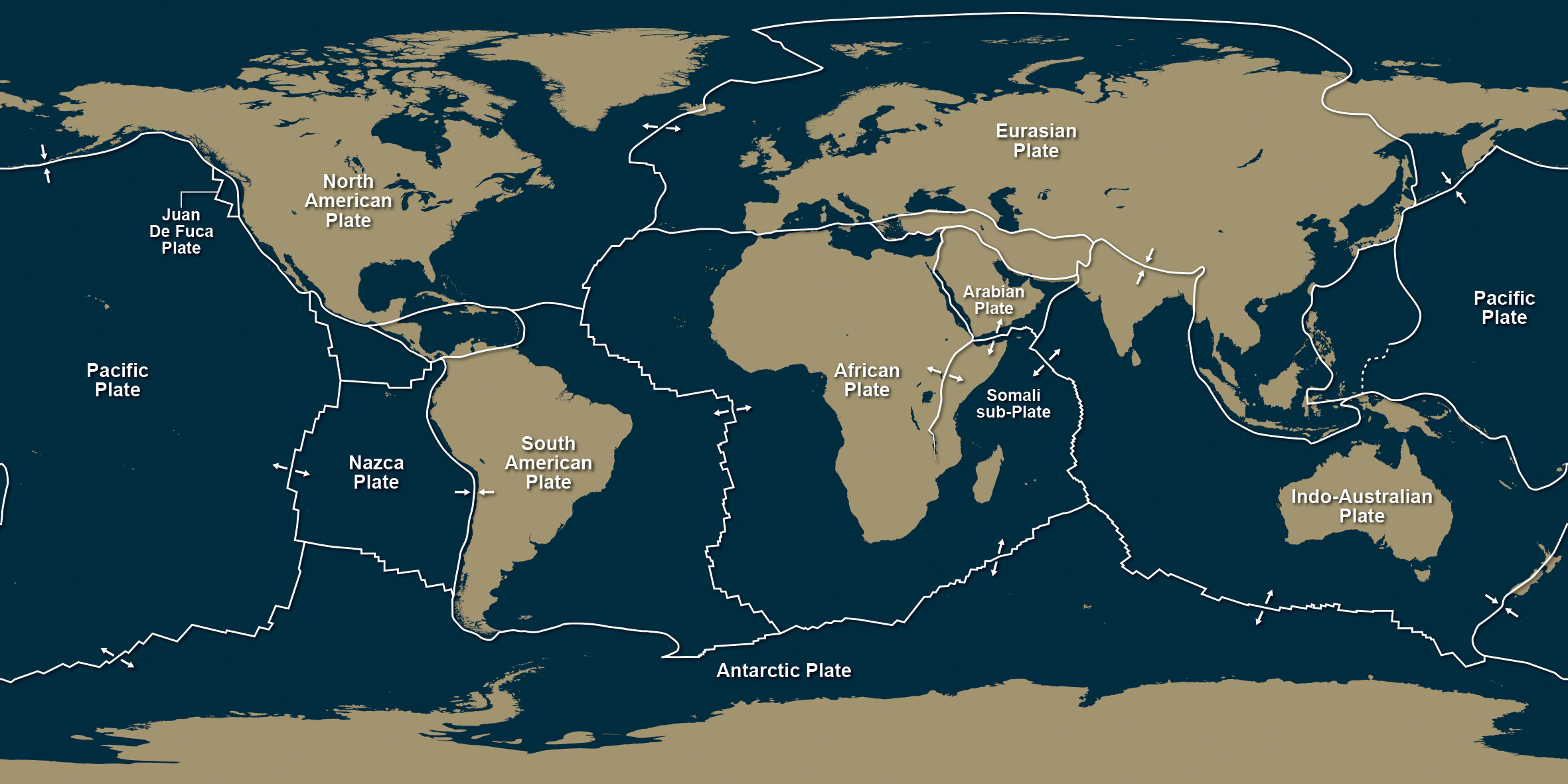 Plate tectonic map of the world showing direction of movement. BGS ©UKRI.