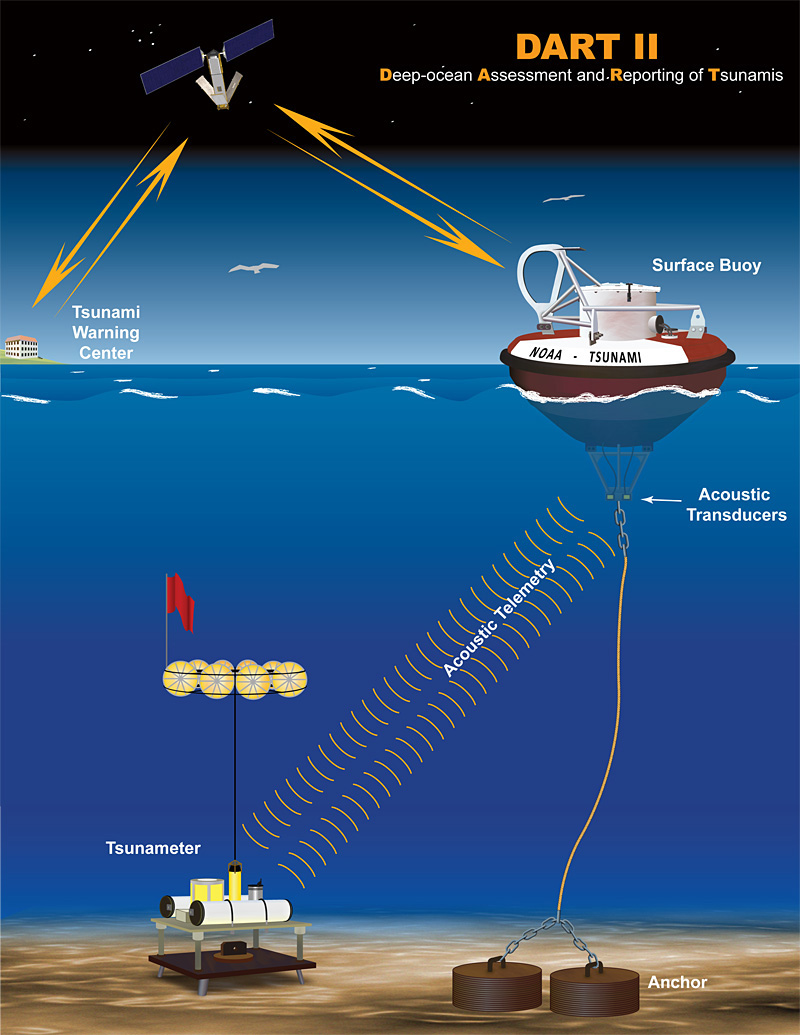 diagram shows how tsunami wave information in the deep ocean is transmitted from DART systems via satellite to NOAA’s tsunami warning centers. (NOAA)