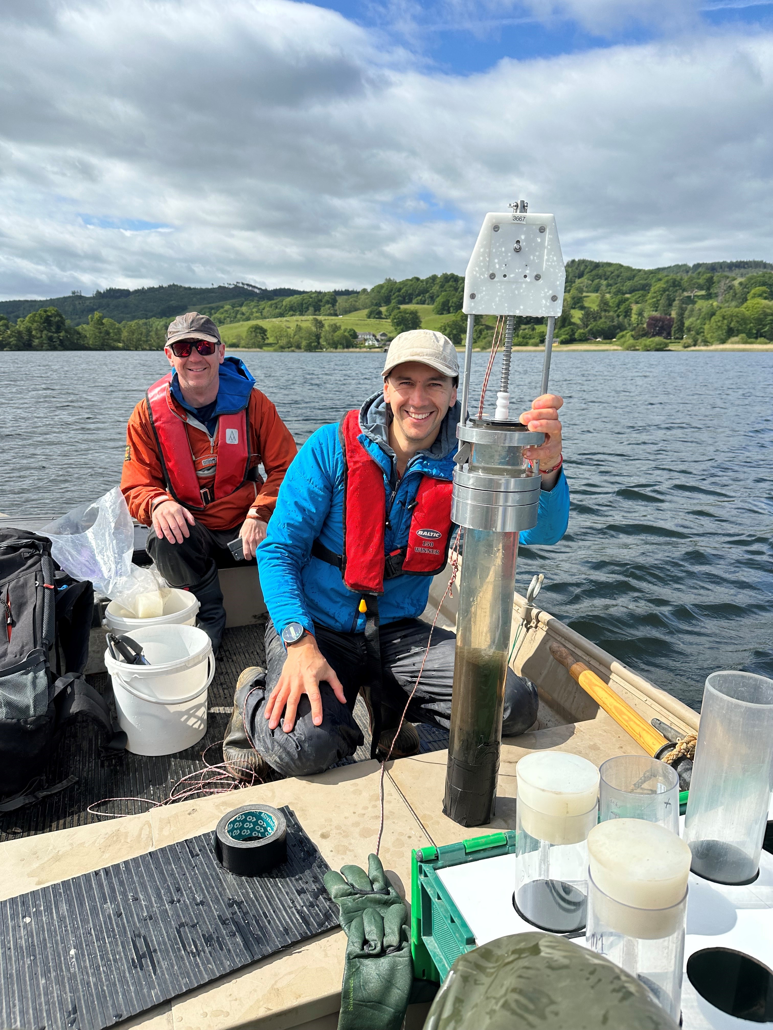 The team out on the lake getting stuck into the often muddy experience of collecting lake sediment cores. These cores cover the period of human interaction with the lake. This means the team can identify periods of minimum and maximum human-derived phosphorus input into the lake. Photo credit: Penny Reeve.