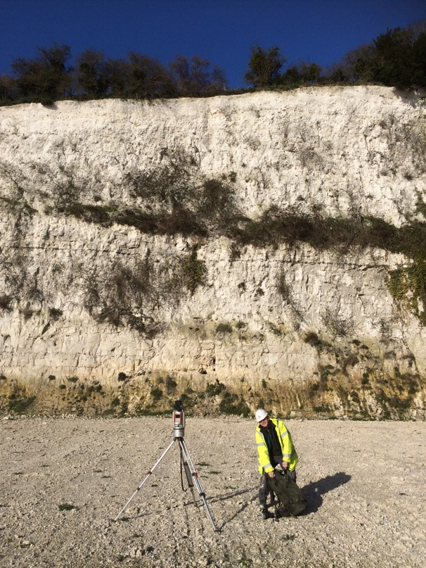 A LiDAR scan being taken of a Chalk outcrop, enabling remote 3D visualisation and interrogation of the section. BGS © UKRI