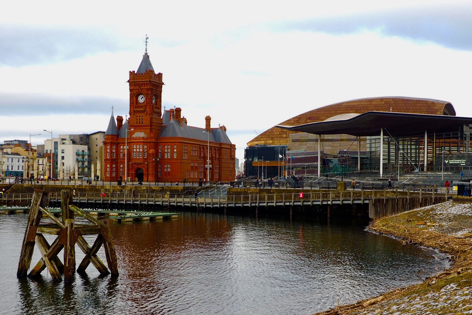 View of Cardiff Bay with the Pierhead Building and the Senedd. BGS © UKRI