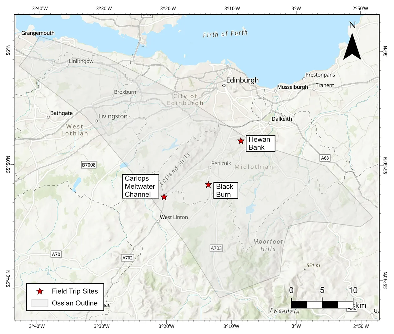 Locations of field trip sites visited during the BGS/Ossian field day in Midlothian. The three sites, Carlops meltwater channel, Black Burn and Hewan Bank, are all featured on the Scottish Geology Trust website. The outline of the Ossian offshore wind farm lease area is overlaid to illustrate the scale of the offshore development relative to the onshore sites. This visual comparison helps contextualise how small-scale geological variability observed onshore can inform interpretations of much larger offshore environments. Base map © OpenStreetMap. BGS © UKRI.