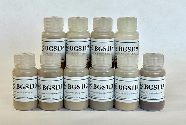 The ten new soil reference materials, BGS110 to BGS119. BGS © UKRI.