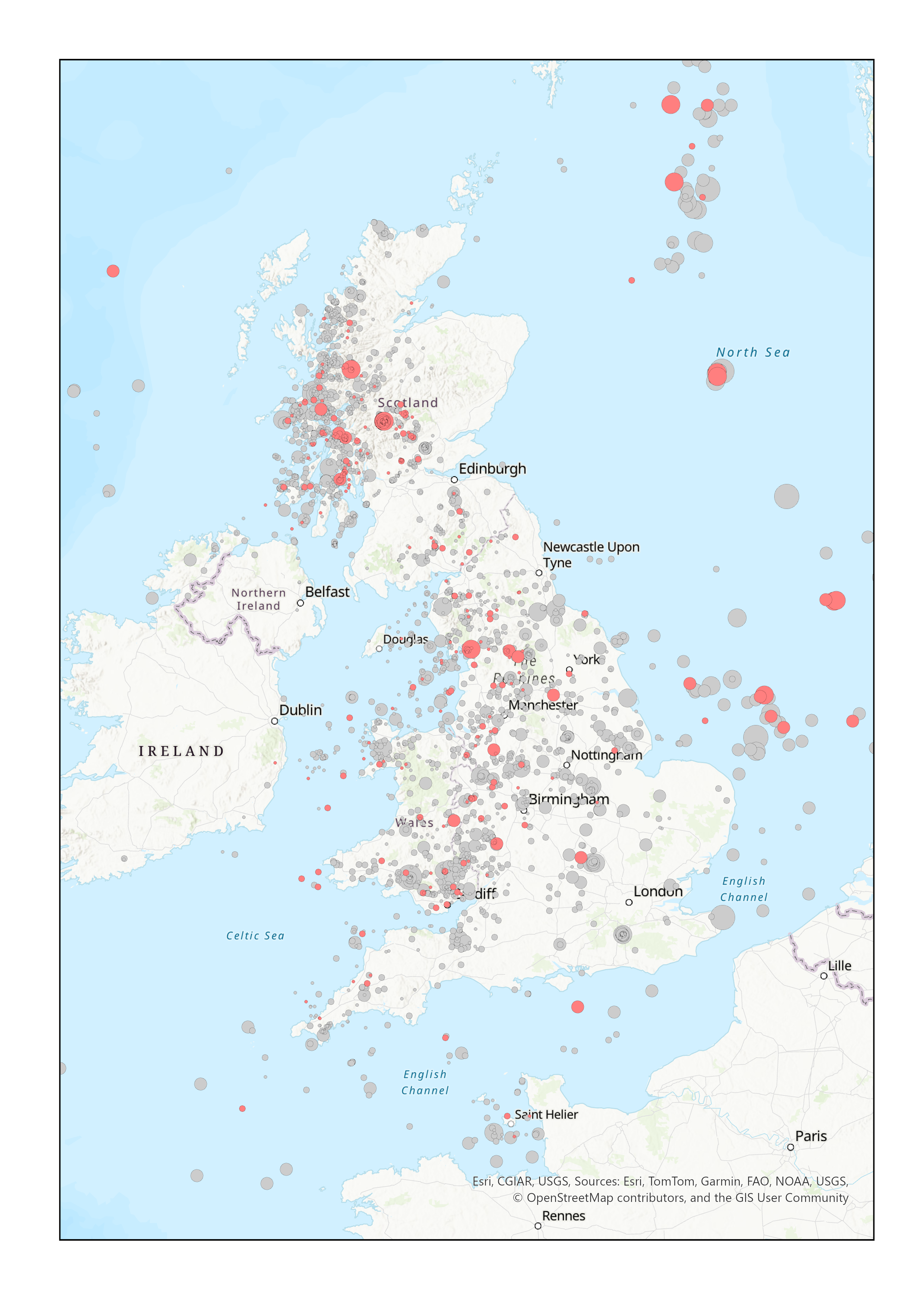 Distribution of 2025 earthquakes (red) superimposed on seismic activity recorded over the last 10 years (grey). BGS © UKRI.