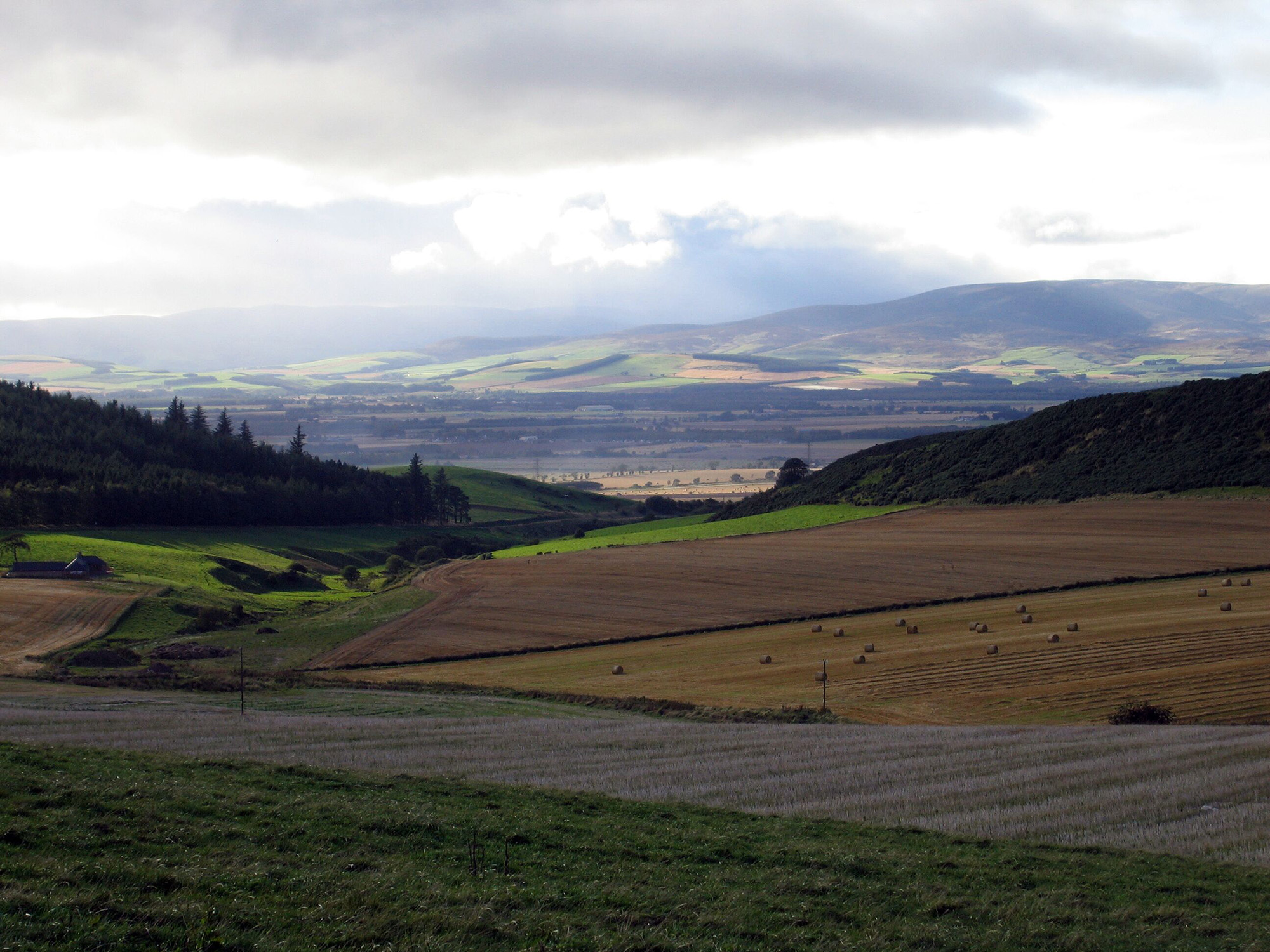 A hilly landscape of fields used for arable farming