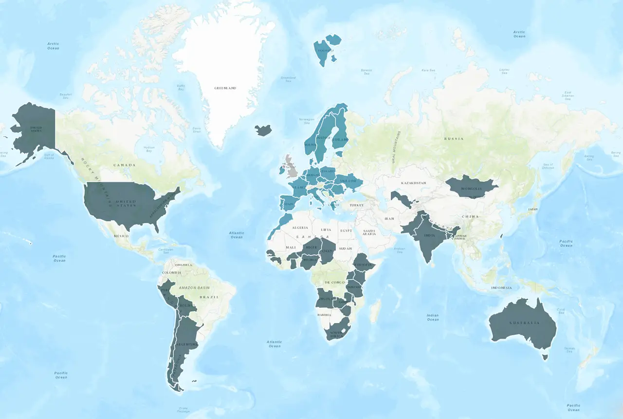 World map highlighting countries that have had groundwater projects involving BGS