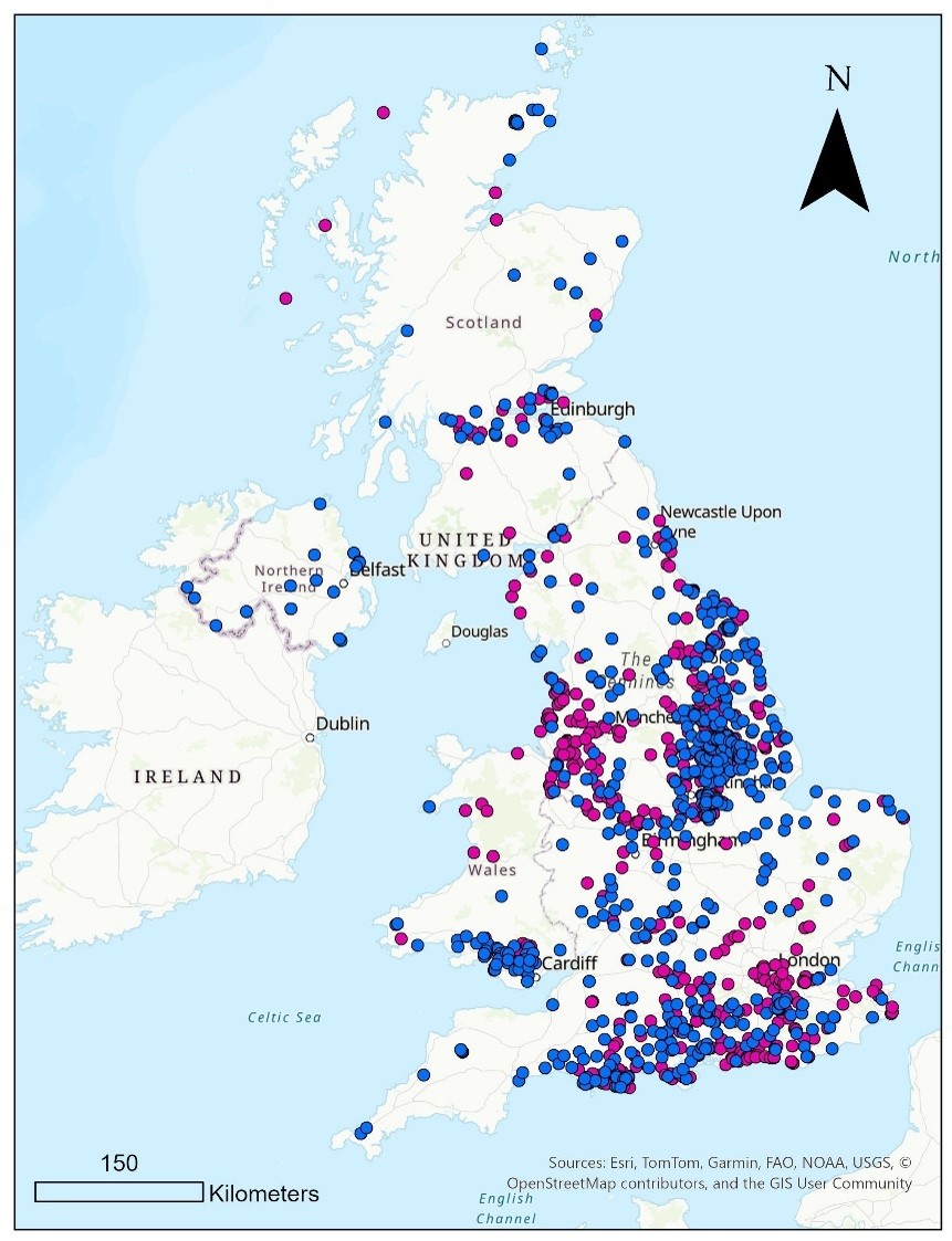 captionDistribution of sites in the second digital release of the geothermal catalogue. The added sites are in pink; sites previously released in version 1 are in blue. Contains OS and OSNI data © Crown Copyright and database right 2026. Contains BGS data © BGS, UKRI (2026) all rights reserved.