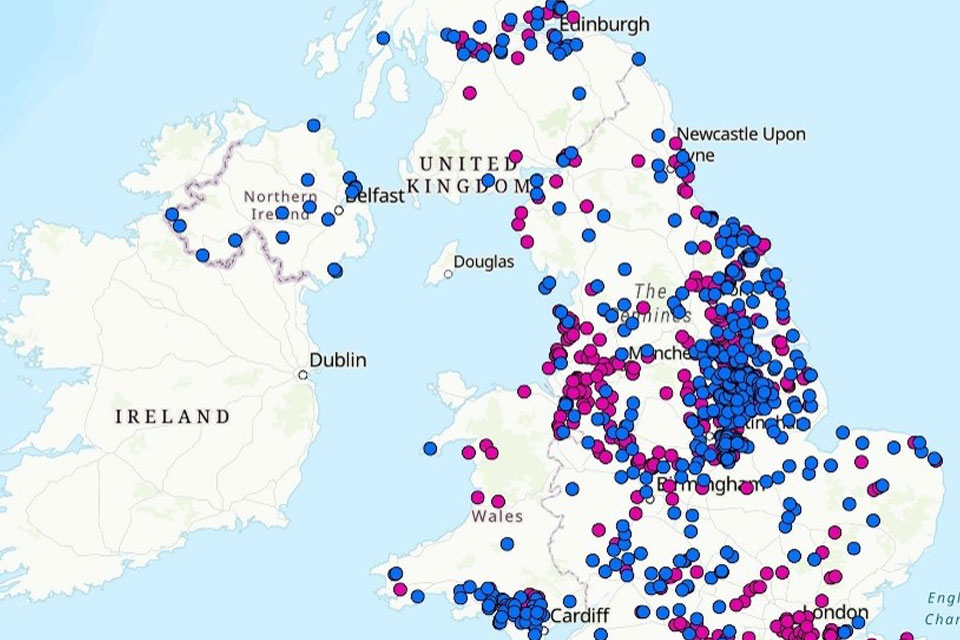 Example of site distribution data in the Geothermal Catalogue. Contains OS and OSNI data © Crown Copyright and database right 2026. Contains BGS data © BGS, UKRI (2026) all rights reserved.