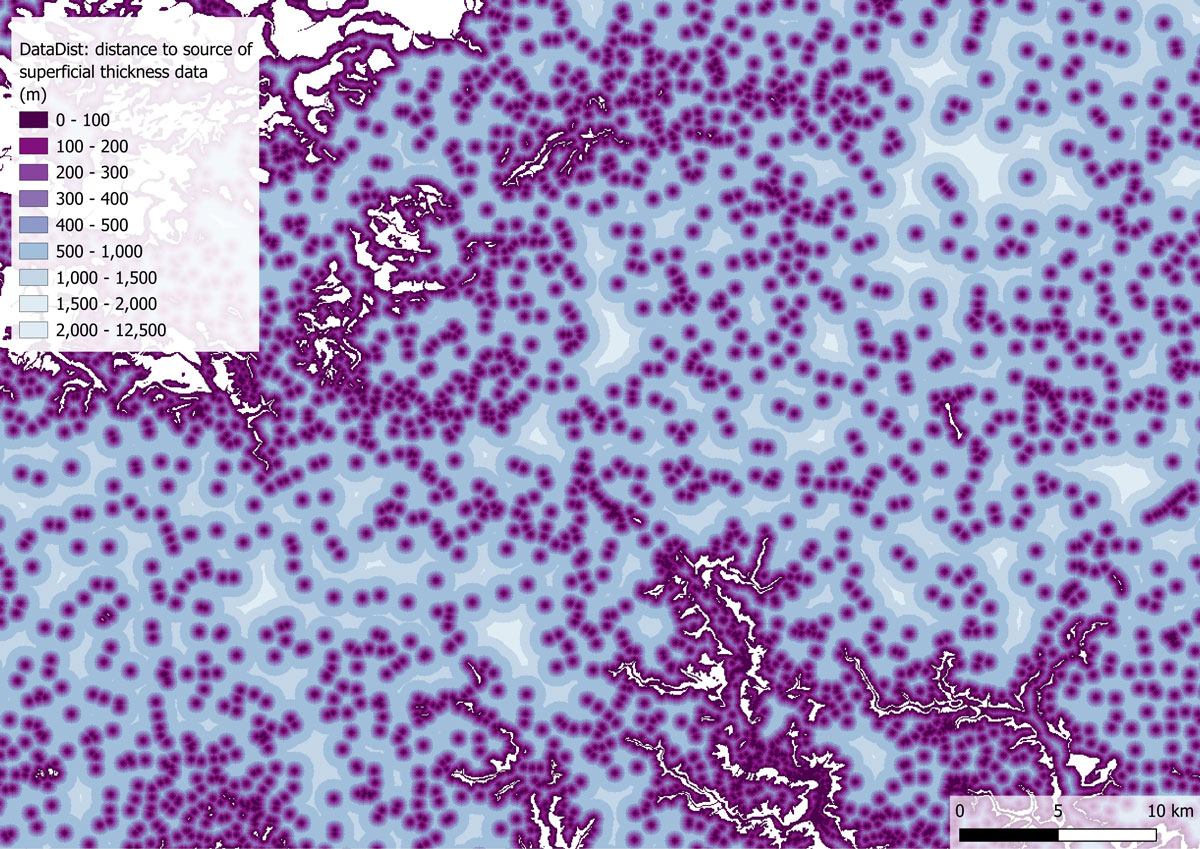 Map extract of the BGS SDTM Data Distance (DataDist) layer showing distance to the nearest source of superficial thickness information, for use as a proxy for SDTM uncertainty.