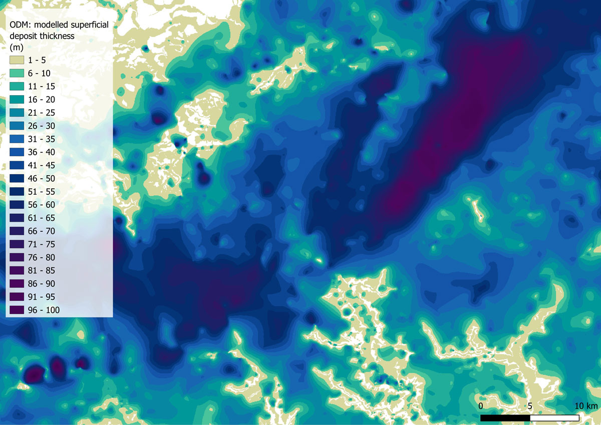 Map extract of the BGS SDTM Observation driven Model (ODM) showing modelled superficial deposit thickness.